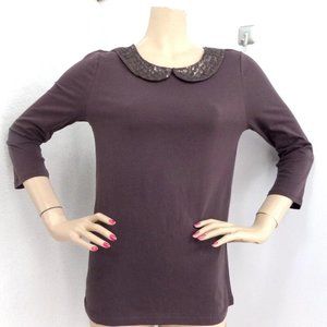 "LOFT" BROWN SEQUIN PETER PAN COLLAR 3/4 SLEEVES COTTON BLOUSE TOP SIZE: M NWT